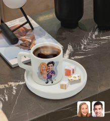 Kişiye Özel Sunum Tabaklı Sevgililer Karikatürlü Türk Kahvesi Fincanı Model 3