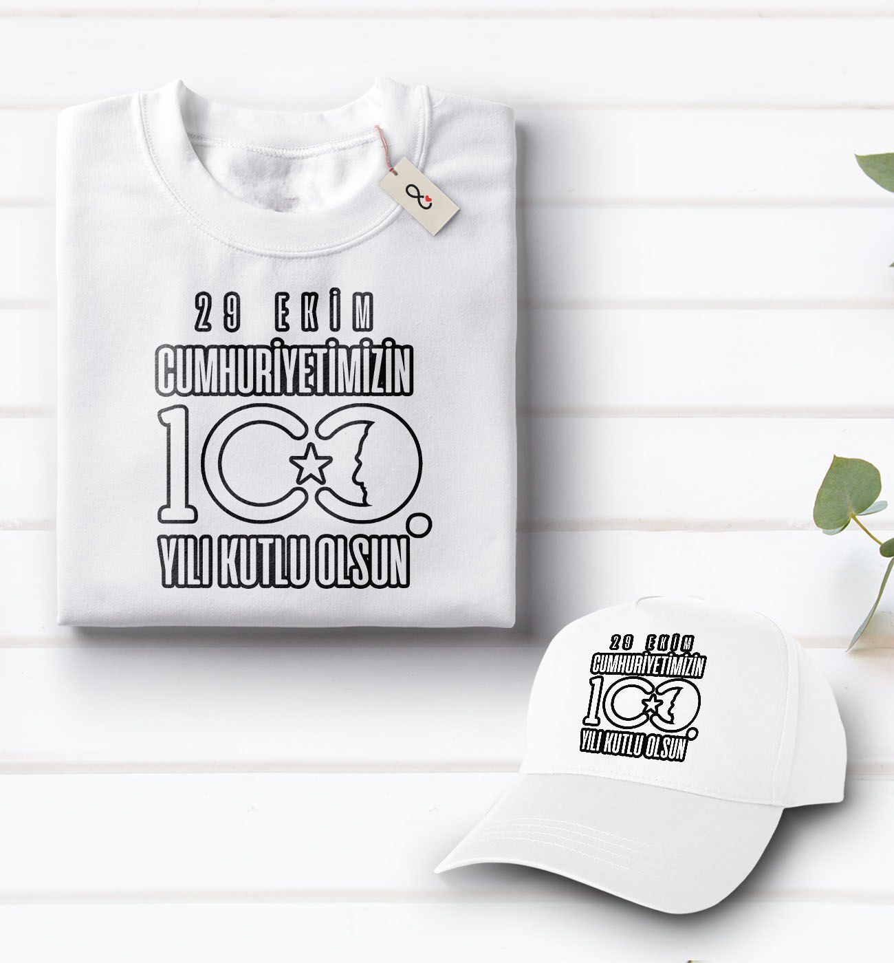 BK Gift 100. Yıl Hatırası Beyaz Tişört ve Şapka Hediye Seti-2, 29 Ekim Hediyesi, Cumhuriyet Bayramı, 100.Yıl Hediyesi