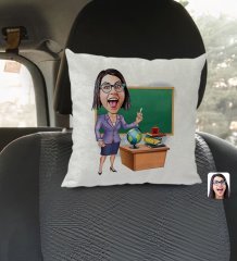 Kişiye Özel Kadın Öğretmen Karikatürlü Kare Araç Koltuk Yastığı-1