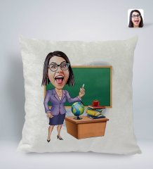 Kişiye Özel Kadın Öğretmen Karikatürlü Kare Araç Koltuk Yastığı-1