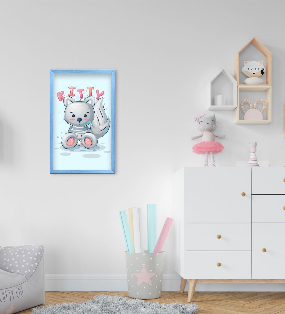BK Home Kitty Tasarımlı Dekoratif Mavi Ahşap Çerçeveli Çocuk Odası Tablo-1