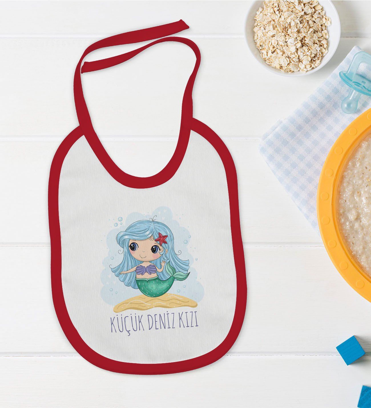 BK Kids Küçük Deniz Kızı Tasarımlı Kırmızı Bebek Mama Önlüğü-1