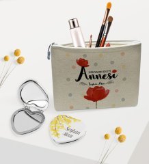 Kişiye Özel Dünyanın En İyi Annesi Keten Makyaj Çantası ve Kalp Ayna Hediye Seti-10
