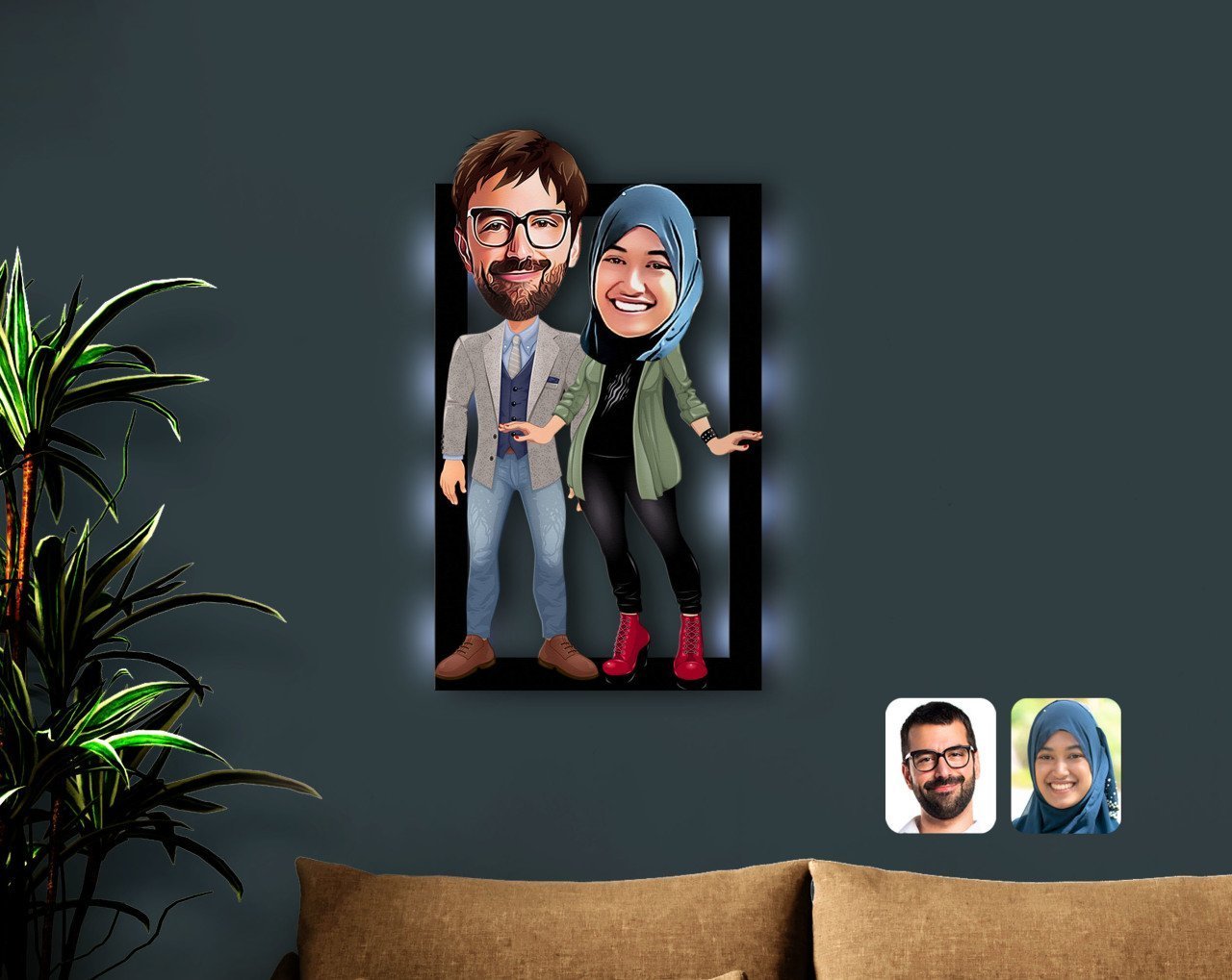 Kişiye Özel Sevgililer Karikatürlü 3D Led Işıklı Ahşap Tablo-60