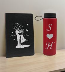 BK Gift Sevgiliye Özel İsimli Siyah Defter ve Kırmızı Cam Matara Hediye Seti-5, Sevgiliye Hediye, Sevgililer Günü, Yeni İş Hediyesi