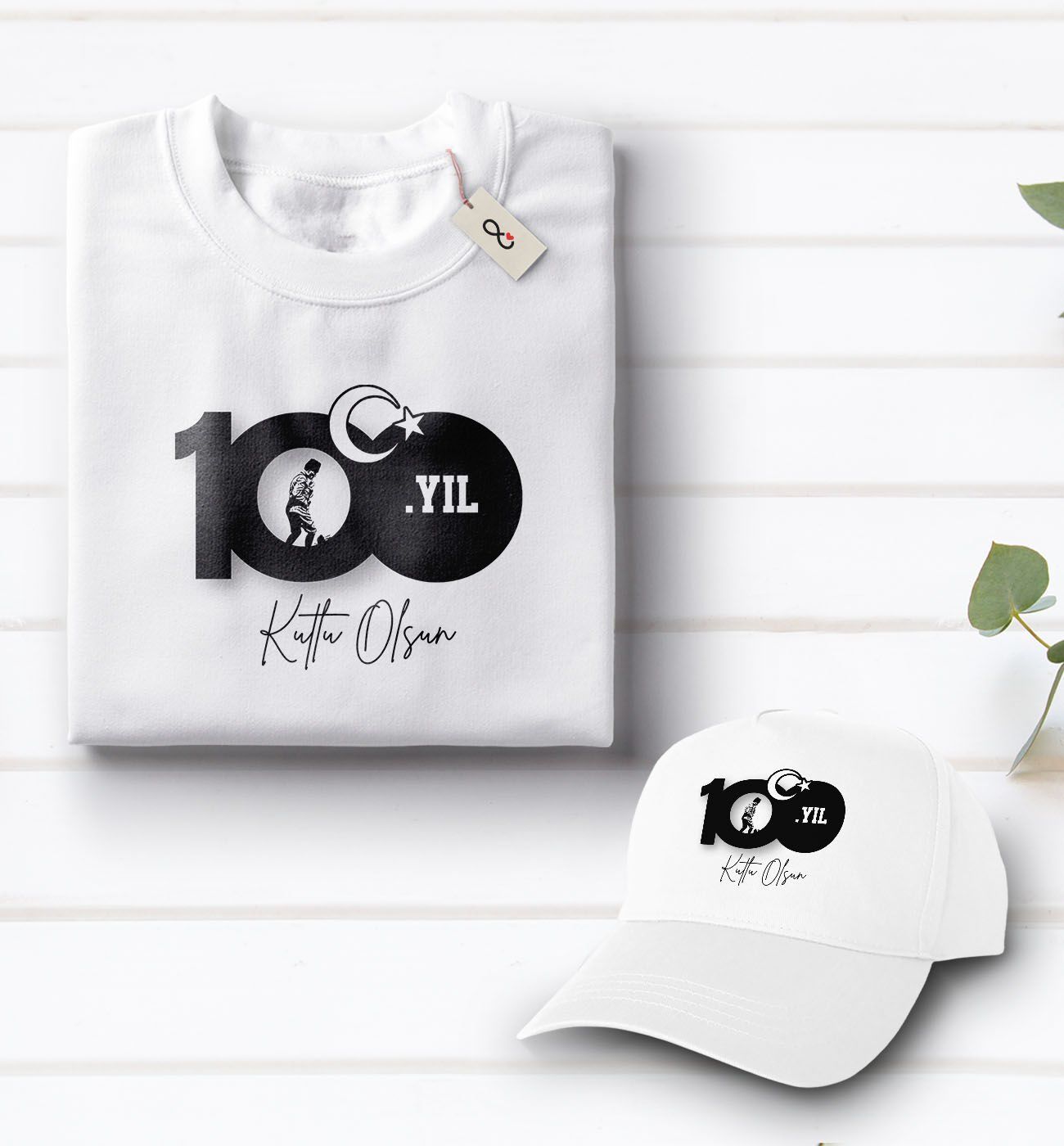 BK Gift 100. Yıl Hatırası Beyaz Tişört ve Şapka Hediye Seti-1, 29 Ekim Hediyesi, Cumhuriyet Bayramı, 100.Yıl Hediyesi