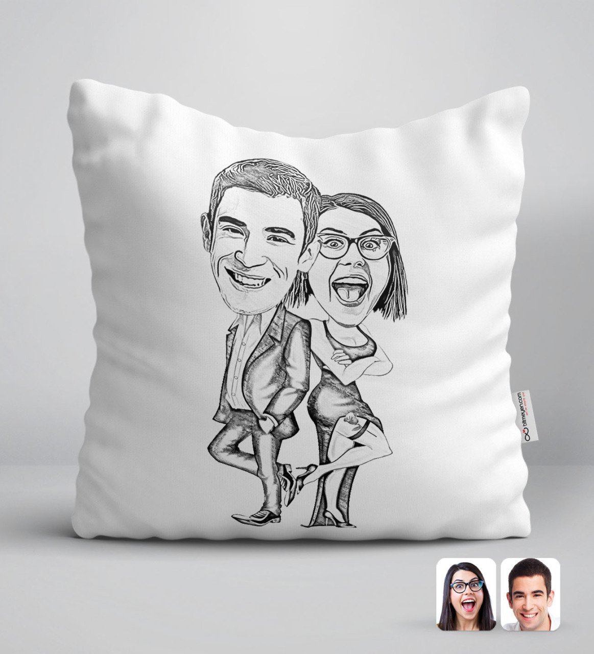Kişiye Özel Karakalem Sevgililer Karikatürlü Beyaz Yastık-6