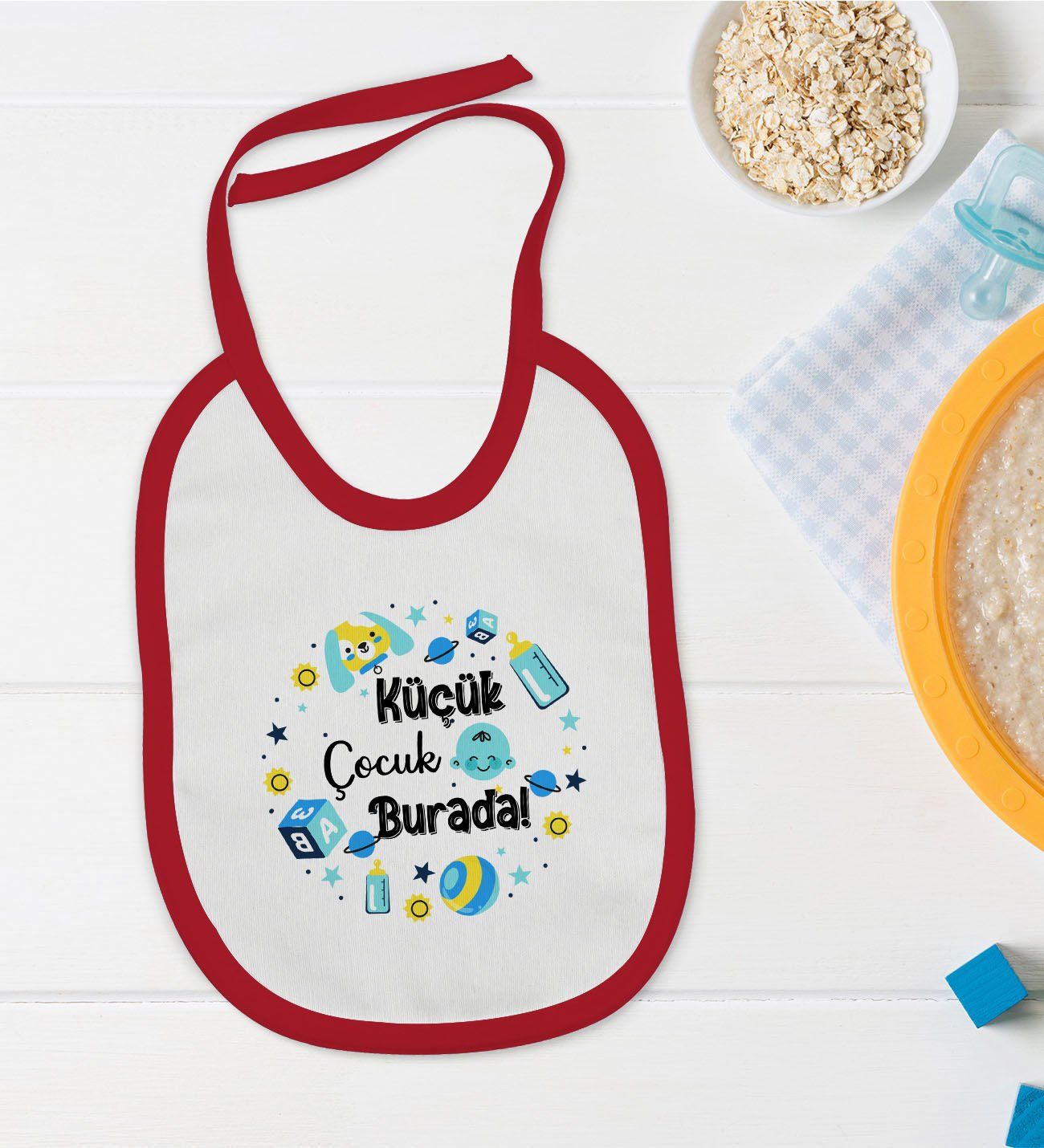 BK Kids Küçük Çocuk Burada Tasarımlı Kırmızı Bebek Mama Önlüğü-1