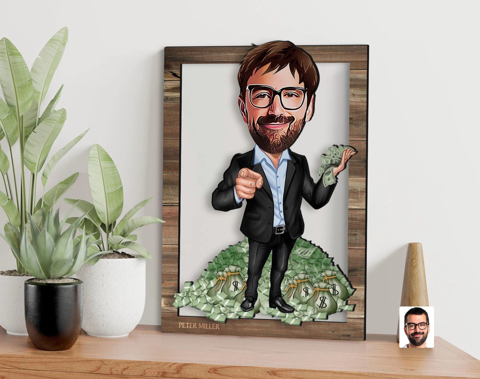 BK Gift Kişiye Özel Bankacı Karikatürlü 3D Ahşap Tablo, Sevgiliye Hediye, Arkadaşa Hediye, Yıl Dönümü Hediyesi, Doğum Günü Hediyesi-1