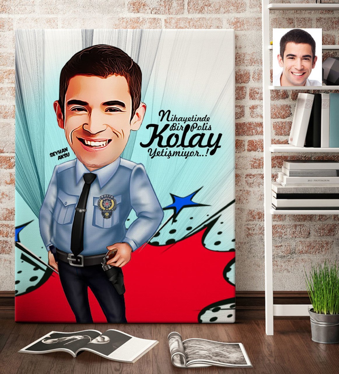 Kişiye Özel Bay Polis Karikatür Kanvas Tablo (70 x 100 cm.) 1