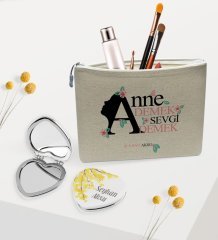 Kişiye Özel Anne Demek Sevgi Demek Keten Makyaj Çantası ve Kalp Ayna Hediye Seti