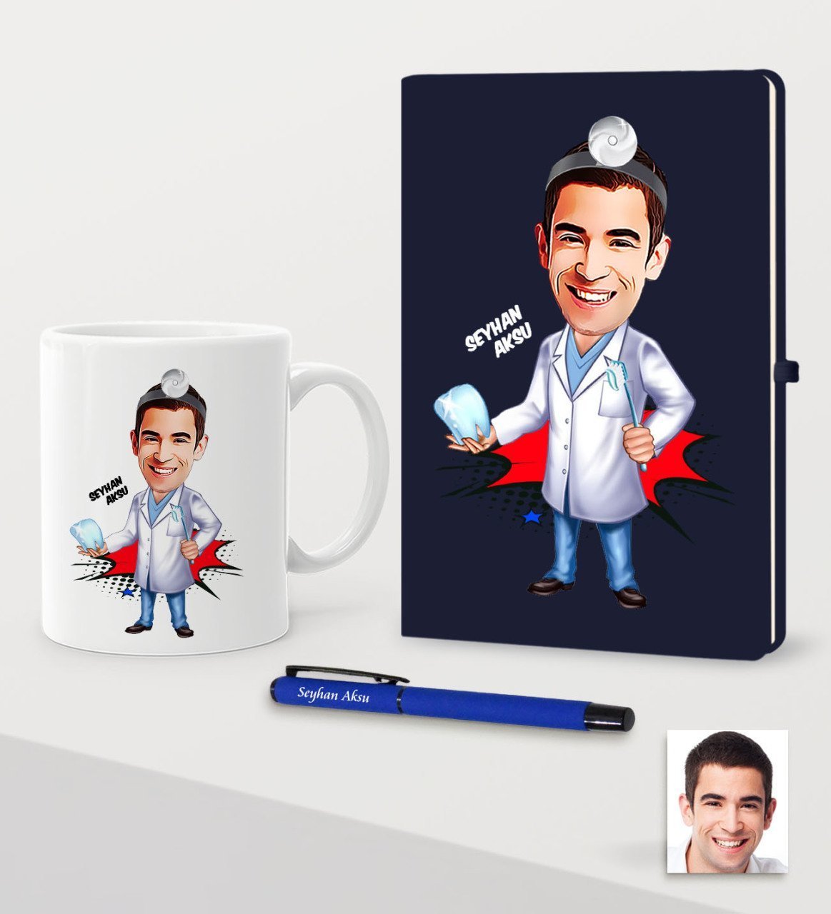 Kişiye Özel Bay Diş Hekimi Karikatürlü Lacivert Defter Kalem Kupa Seti - 3