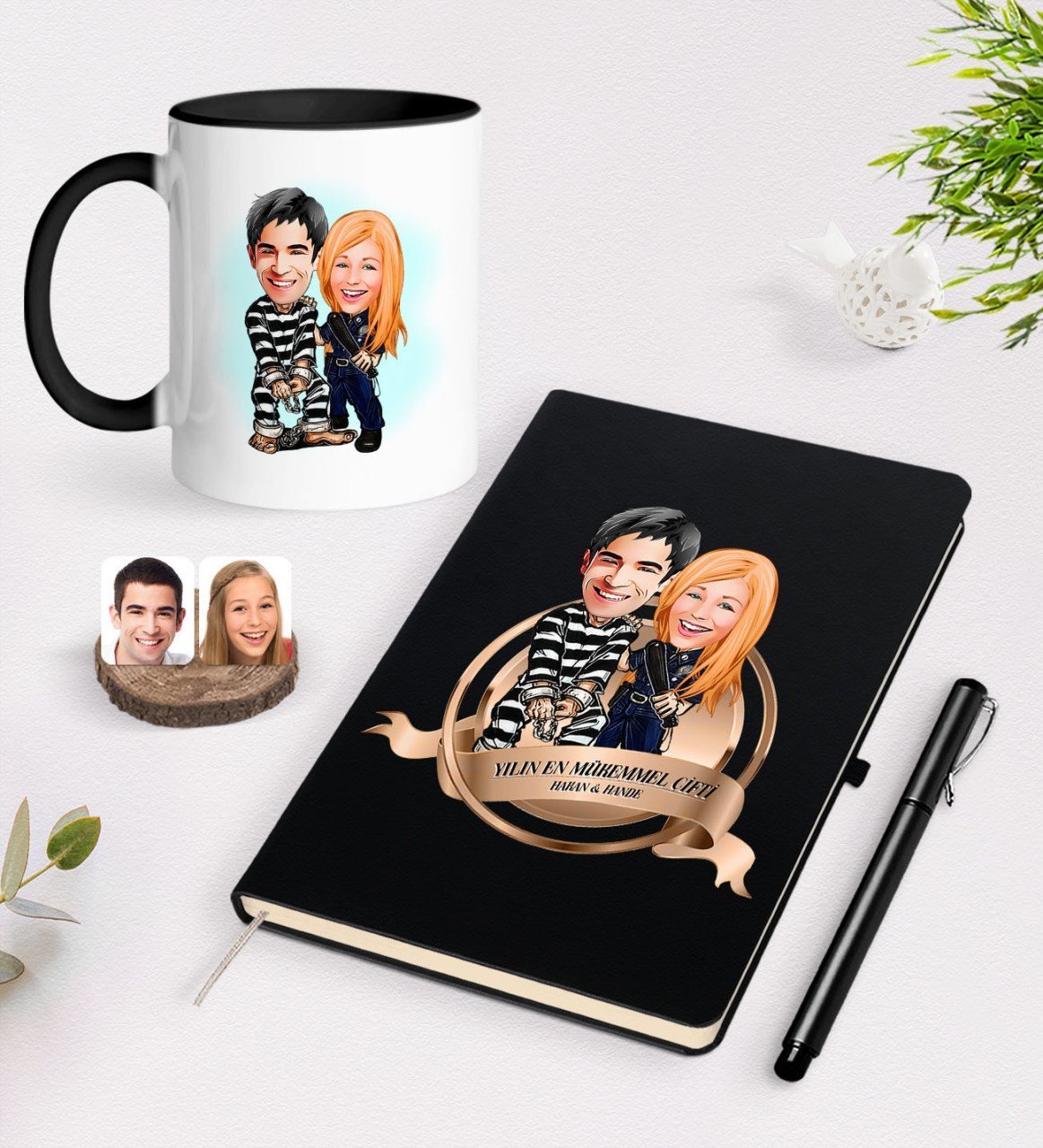 Kişiye Özel Yılın En Mükemmel Çifti Karikatürlü Siyah Defter Kalem ve Kupa Seti-7