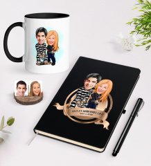 Kişiye Özel Yılın En Mükemmel Çifti Karikatürlü Siyah Defter Kalem ve Kupa Seti-7