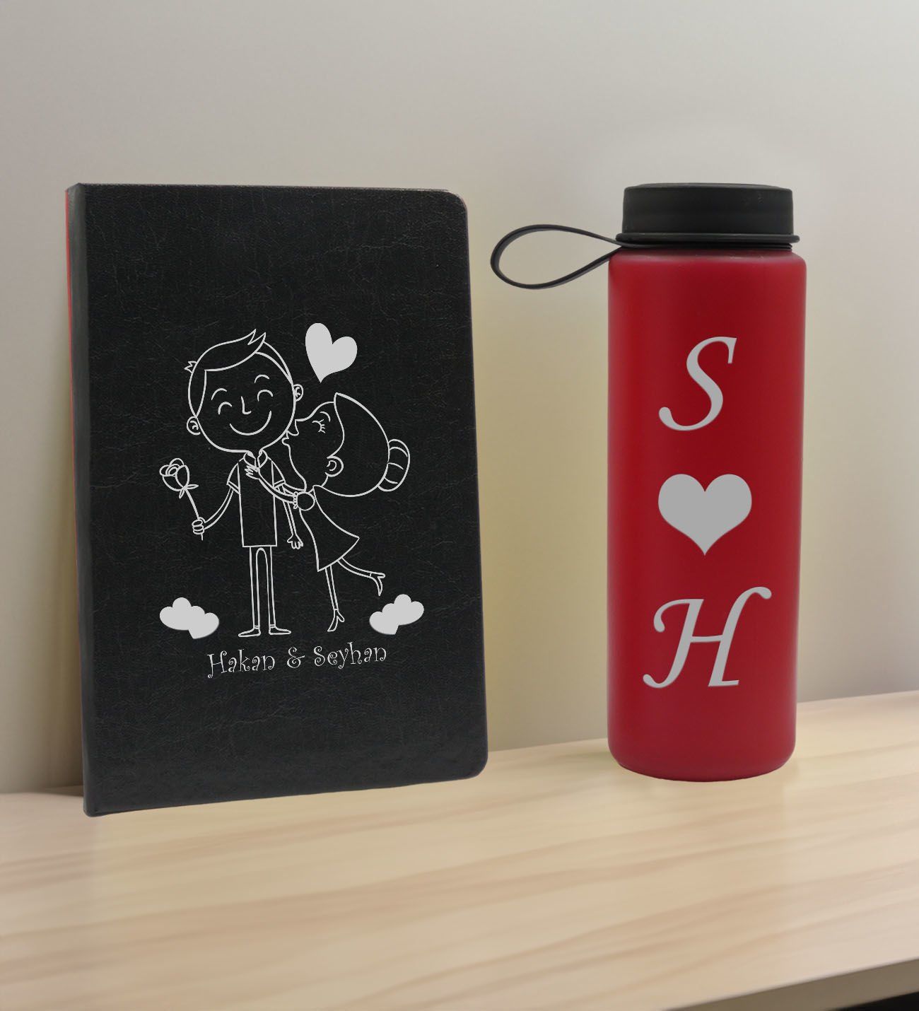 BK Gift Sevgiliye Özel İsimli Siyah Defter ve Kırmızı Cam Matara Hediye Seti-4, Sevgiliye Hediye, Sevgililer Günü, Yeni İş Hediyesi