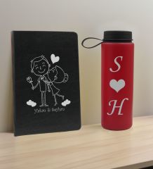 BK Gift Sevgiliye Özel İsimli Siyah Defter ve Kırmızı Cam Matara Hediye Seti-4, Sevgiliye Hediye, Sevgililer Günü, Yeni İş Hediyesi