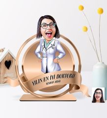 Kişiye Özel Yılın En İyi Bayan Doktoru Karikatürlü 3D Ahşap Biblo Plaket - 1