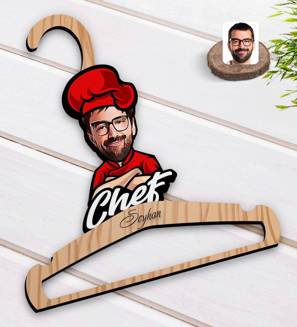 Kişiye Özel Erkek Chef Karikatürlü Standart Boy Ahşap Elbise Askısı-10