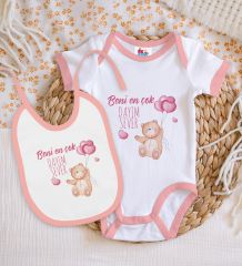BK Kids Beni En Çok Dayım Sever Tasarımlı Pembe Bebek Body Zıbın ve Mama Önlüğü Hediye Seti-1