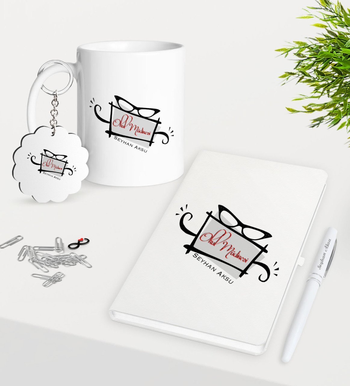 Kişiye Özel Okul Müdiresi Kupa Anahtarlık Beyaz Defter Kalem Hediye Seti-1