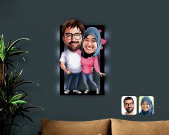Kişiye Özel Sevgililer Karikatürlü 3D Led Işıklı Ahşap Tablo-58