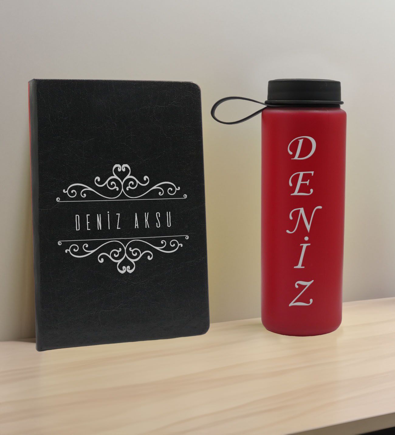 BK Gift Kişiye  Özel İsimli Siyah Defter ve Kırmızı Cam Matara Hediye Seti-8, Sevgiliye Hediye, Arkadaşa Hediye, Yeni İş Hediyesi