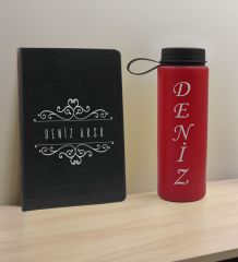 BK Gift Kişiye  Özel İsimli Siyah Defter ve Kırmızı Cam Matara Hediye Seti-8, Sevgiliye Hediye, Arkadaşa Hediye, Yeni İş Hediyesi