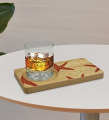 Kişiye Özel Deniz Yıldızı Tasarımlı Doğal Ahşap Tabaklı Viski Bardağı Sunum Seti Model 1
