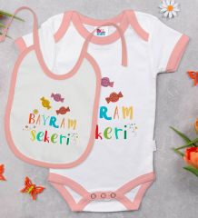 BK Kids Bayram Şekeri Tasarımlı Pembe Bebek Body Zıbın ve Mama Önlüğü Hediye Seti-1
