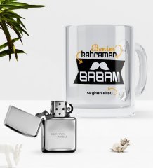 Kişiye Özel Benim Kahraman Babam Cam Kupa Bardak Benzinli Metal Çakmak Seti