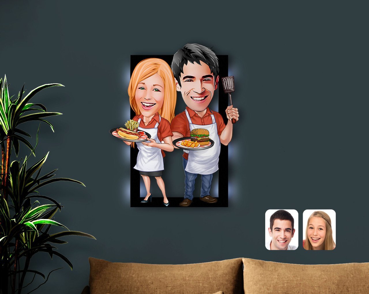 Kişiye Özel Sevgililer Karikatürlü 3D Led Işıklı Ahşap Tablo-57