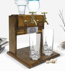 Kişiye Özel Renkli Baskılı Kız Kulesi Tasarımlı İkili Rakı Bardağı ve Çift Musluklu Doğal Ahşap Rakı Standı-1