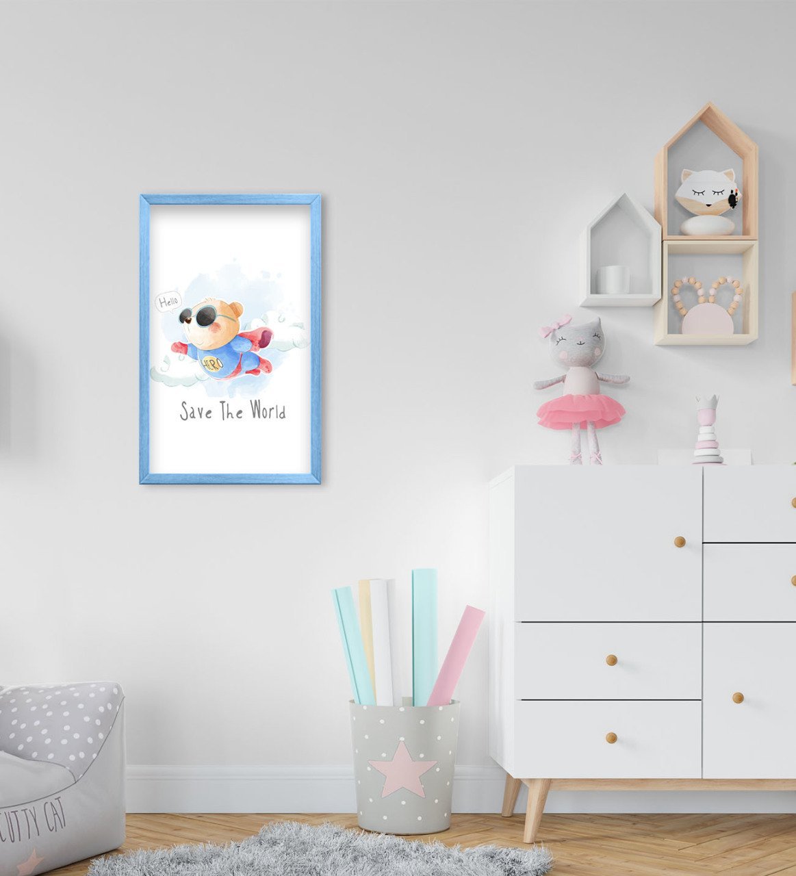 BK Home Kahraman Ayıcık Tasarımlı Dekoratif Mavi Ahşap Çerçeveli Çocuk Odası Tablo-1