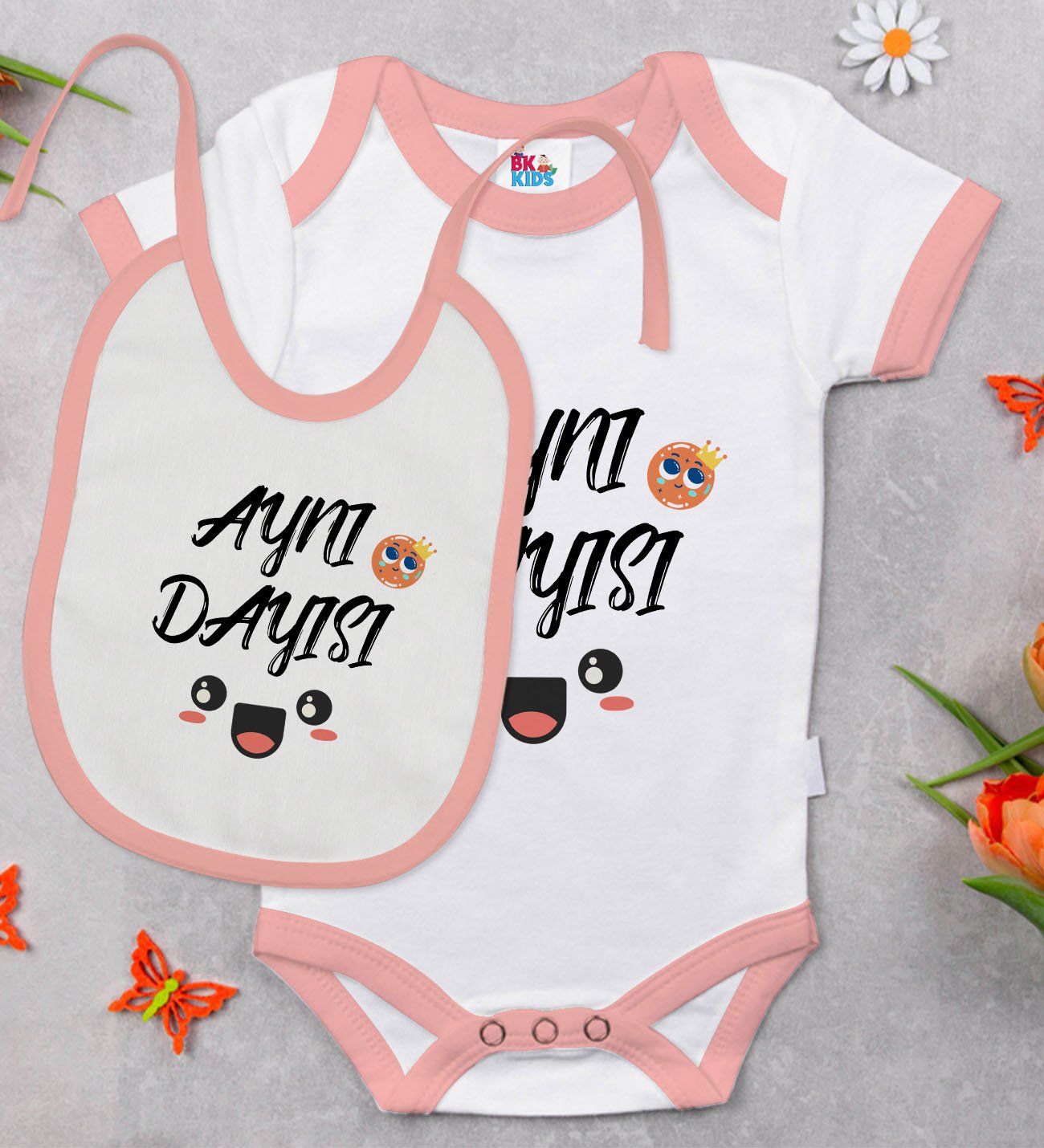 BK Kids Aynı Dayısı Tasarımlı Pembe Bebek Body Zıbın ve Mama Önlüğü Hediye Seti-1