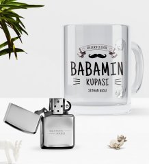 Kişiye Özel Babamın Kupası Cam Kupa Bardak Benzinli Metal Çakmak Seti