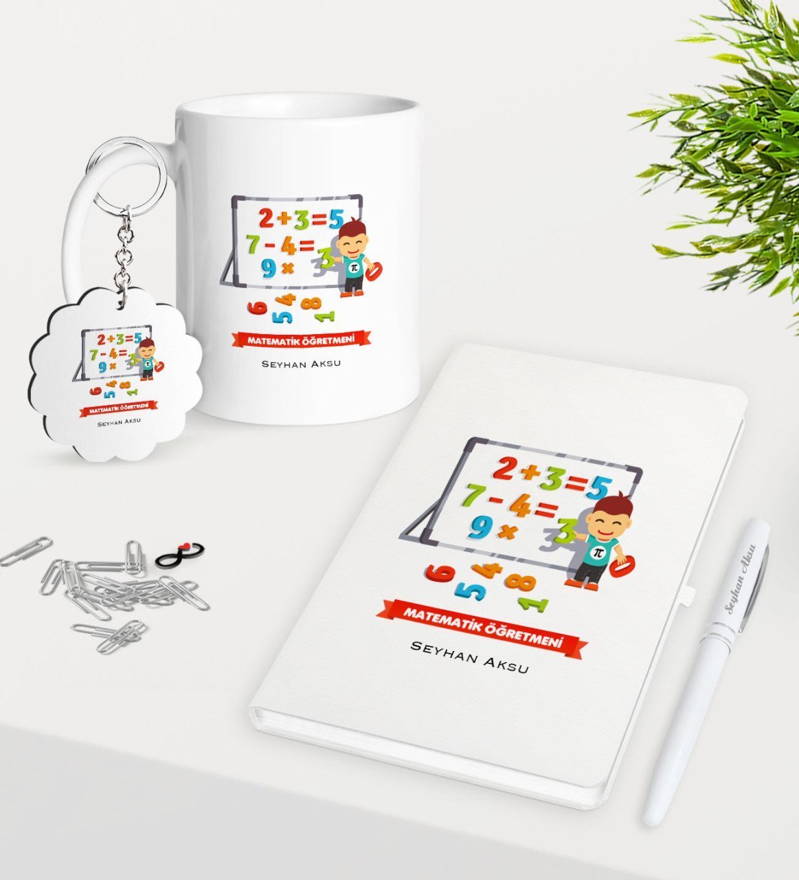 Kişiye Özel Matematik Öğretmeni Kupa Anahtarlık Beyaz Defter Kalem Hediye Seti-5
