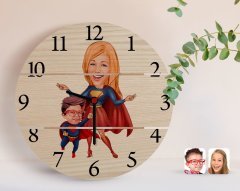 Kişiye Özel Anneler Günü Temalı Süper Anne ve Çocuk Karikatürlü Otantik Ahşap Palet Saat-1