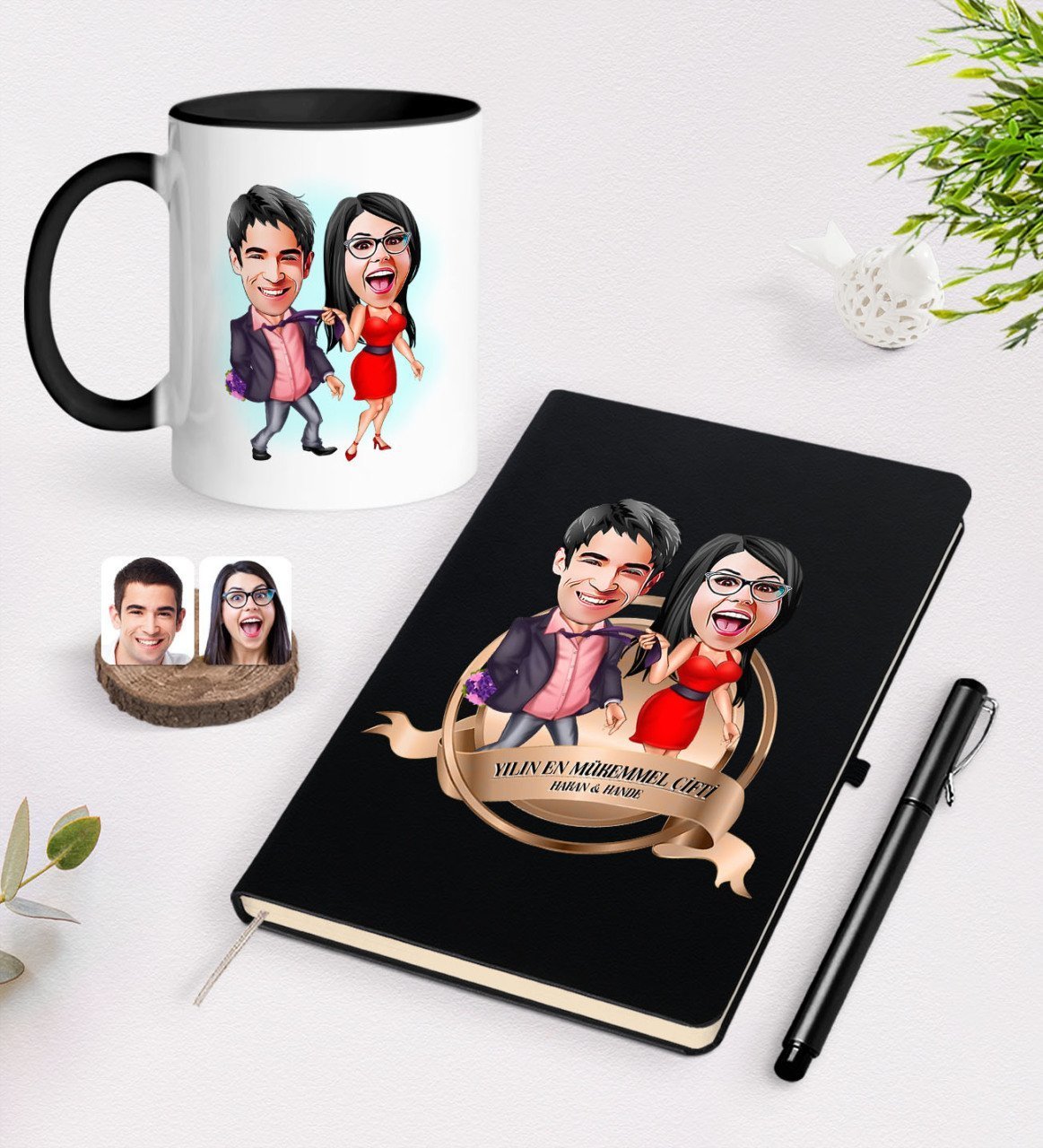 Kişiye Özel Yılın En Mükemmel Çifti Karikatürlü Siyah Defter Kalem ve Kupa Seti-4
