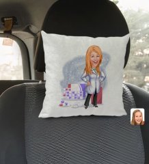 Kişiye Özel Kadın Eczacı Karikatürlü Kare Araç Koltuk Yastığı-3