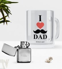 Kişiye Özel Babamı Seviyorum Cam Kupa Bardak Benzinli Metal Çakmak Seti