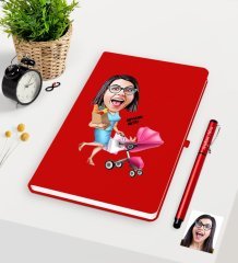 Kişiye Özel Ev Hanımı Anne Karikatürlü Kırmızı Defter Kalem Seti - 1
