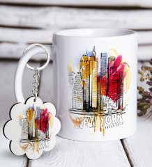 Kişiye Özel New York Beyaz Kupa ve Anahtarlık Hediye Seti