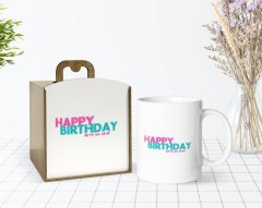 Kişiye Özel Ahşap Kutuda Happy Birthday Tasarımlı Beyaz Kupa Bardak-1