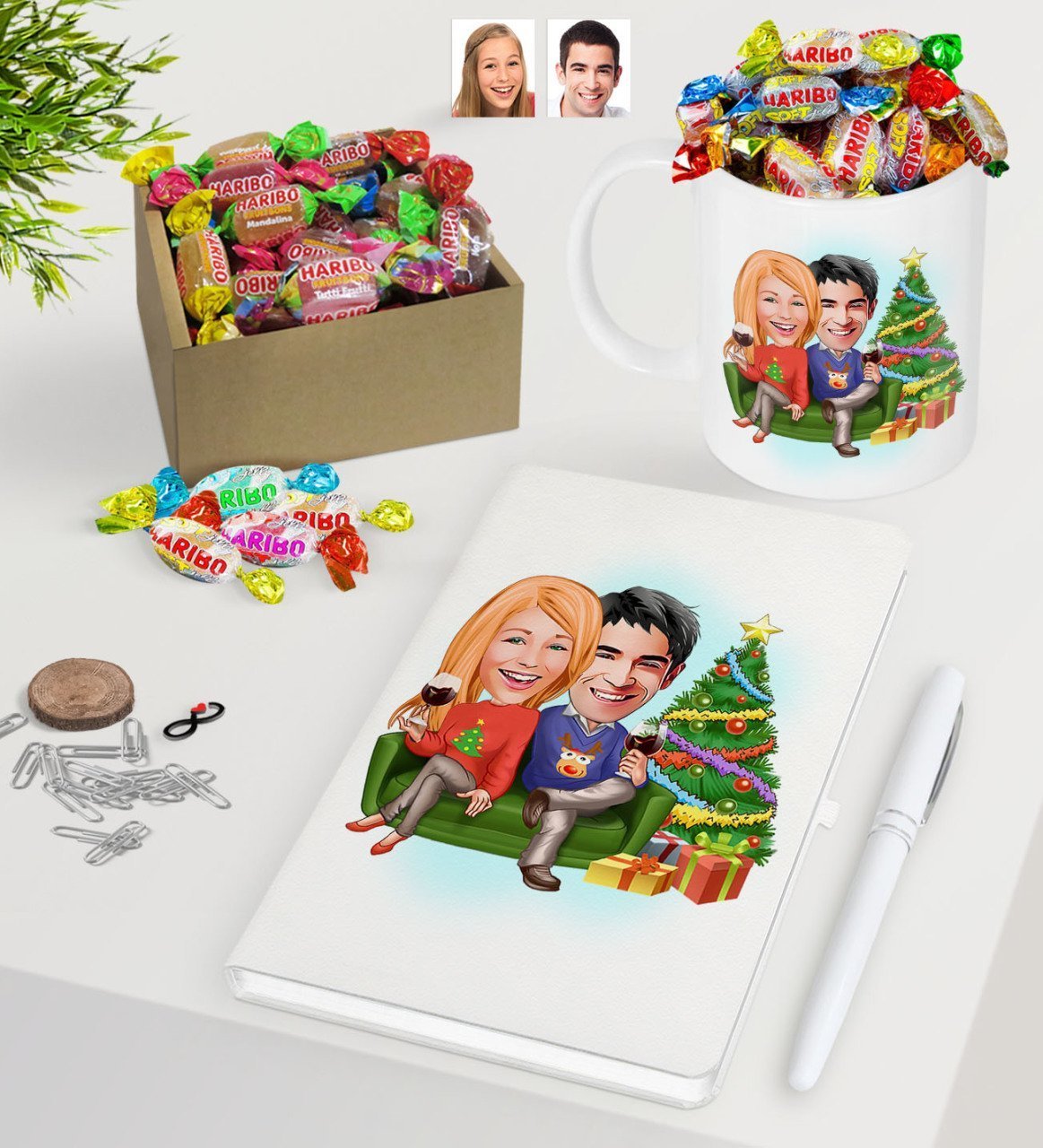 Kişiye Özel Yeni Yıl Sevgililer Karikatürlü Beyaz Defter Kalem Kupa ve Kutulu Haribo Şeker Hediye Seti-4
