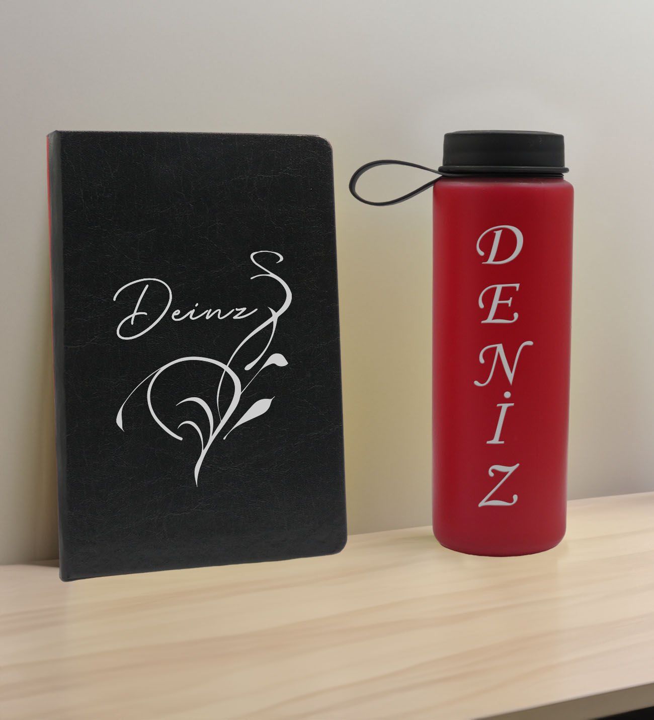 BK Gift Kişiye  Özel İsimli Siyah Defter ve Kırmızı Cam Matara Hediye Seti-6, Sevgiliye Hediye, Arkadaşa Hediye, Yeni İş Hediyesi