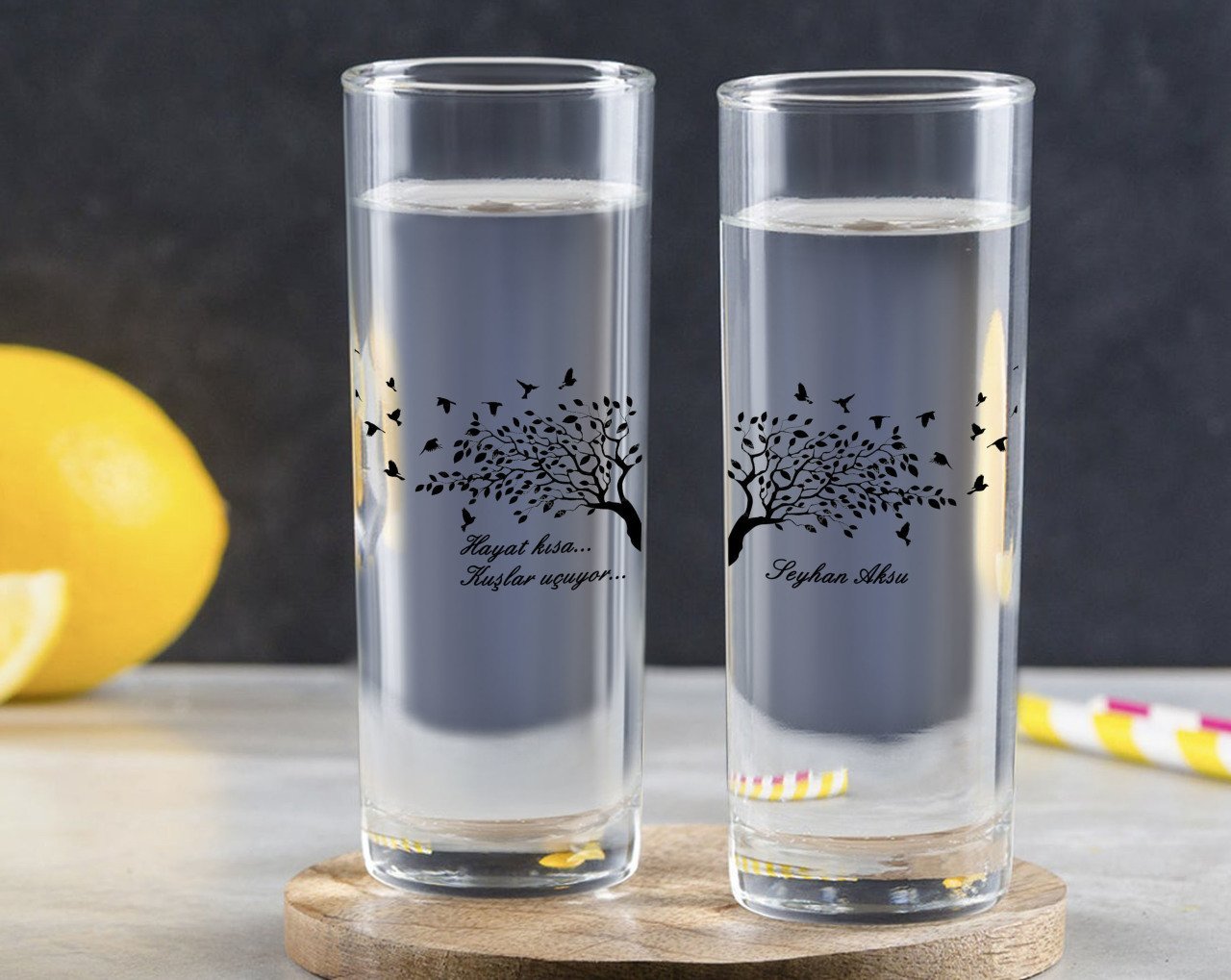 Kişiye Özel Renkli Baskılı Hayat Kısa Kuşlar Uçuyor Tasarımlı İkili Vodka Bardağı-1