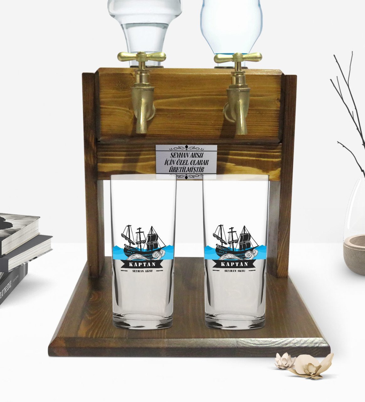 Kişiye Özel Renkli Baskılı Kaptan Tasarımlı İkili Rakı Bardağı ve Çift Musluklu Doğal Ahşap Rakı Standı-8