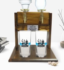 Kişiye Özel Renkli Baskılı Kaptan Tasarımlı İkili Rakı Bardağı ve Çift Musluklu Doğal Ahşap Rakı Standı-8