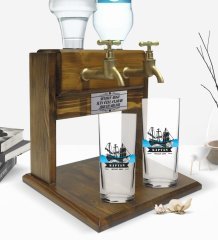 Kişiye Özel Renkli Baskılı Kaptan Tasarımlı İkili Rakı Bardağı ve Çift Musluklu Doğal Ahşap Rakı Standı-8