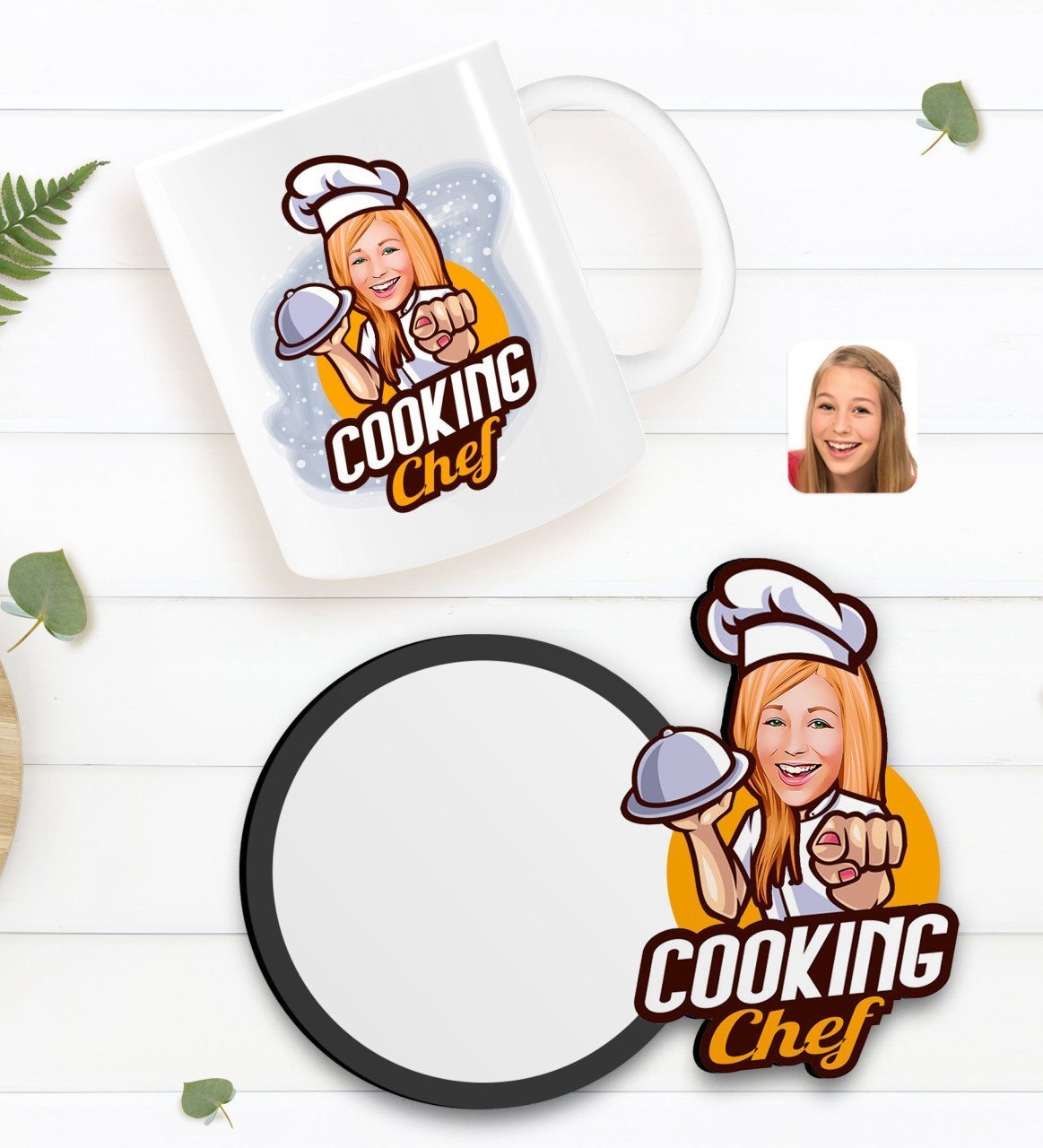 Kişiye Özel Kadın Chef Karikatürlü Beyaz Kupa ve Ahşap Bardak Altlığı Hediye Seti-15